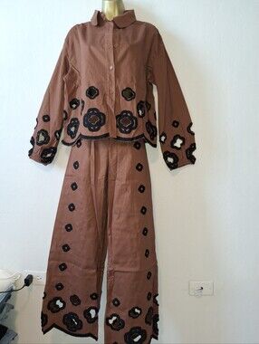 Women's Brown Floral Appliqué Pants & Jacket Set